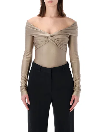 The Andamane Stretch Off-shoulder Draped Bodysuit In Neutral