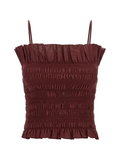 The Andamane Suri Smocked Ruffled Sleeveless Top In Red