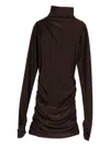 The Andamane Turtleneck Ruched Dress In Brown