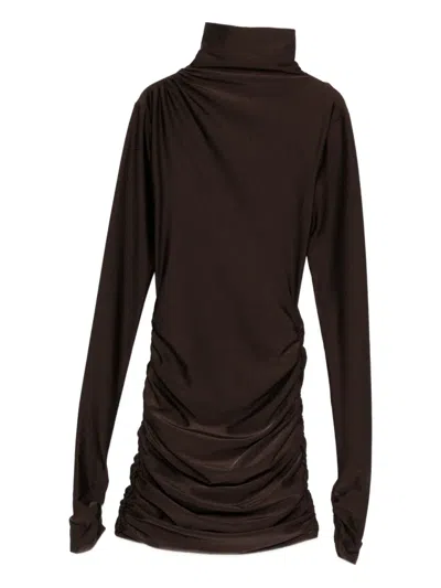 The Andamane Turtleneck Ruched Dress In Brown