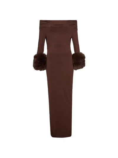 The Andamane Tyla Faux-fur-trimmed Off-the-shoulder Fitted Midi Dress In Brown