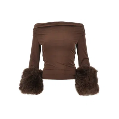 The Andamane Tyla Faux-fur Cuffs Top In Brown