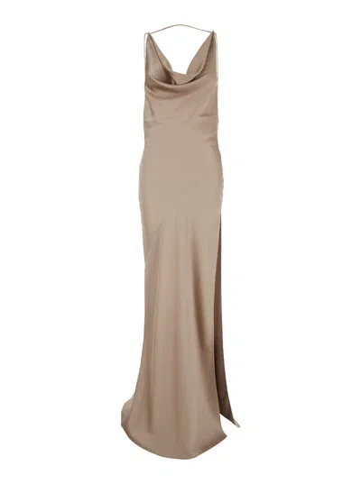THE ANDAMANE THE ANDAMANE 'VERA' BEIGE LONG DRESS WITH COWL NECK AND OPEN BACK IN TECH FABRIC WOMAN