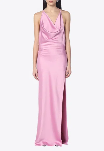 The Andamane Vera Cowl Neck Satin Gown In Pink