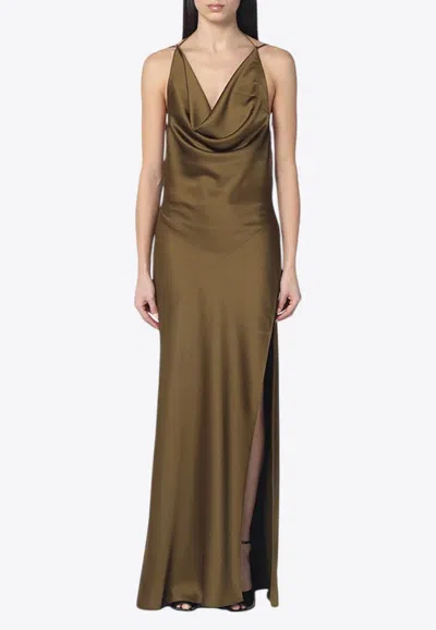 The Andamane Vera Cowl Neck Satin Gown In Brown