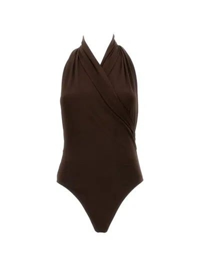 The Andamane Vina Draped Halterneck Bodysuit In Brown