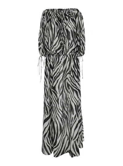 THE ANDAMANE WILMA BLACK AND WHITE LONG DRESS WITH LONG BALLOON SLEEVES AND ALL-OVER ZEBRA PRINT IN COTTON WOMAN