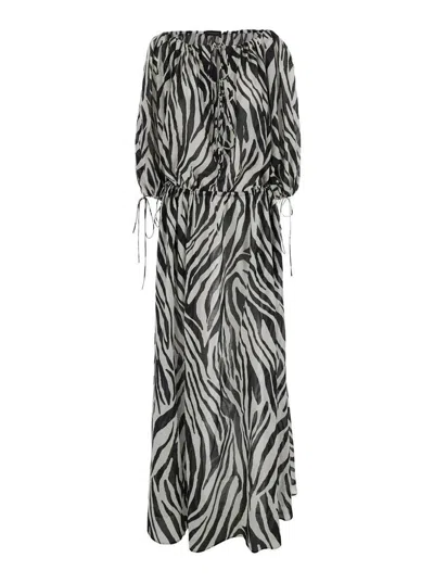 The Andamane Wilma Black And White Long Dress With Long Balloon Sleeves And All-over Zebra Print In Cotton Woman In Multicolor