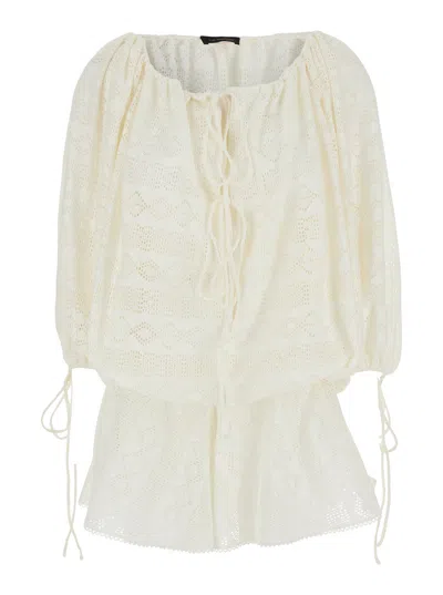 The Andamane 'wilma' White Jumpsuit With Long Balloon Sleeves And All-over Embroidery In Cotton Stre