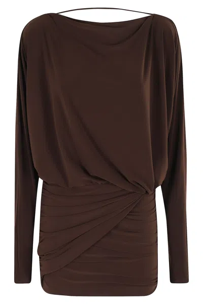 The Andamane Wisteria Mini Long Sleeve Mini Dress In Brown