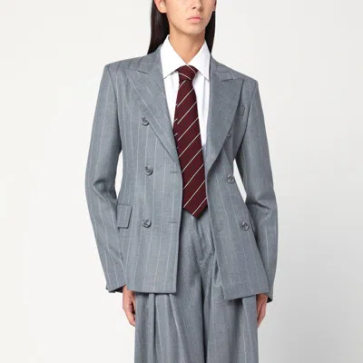 The Andamane Shannon Grey Pinstriped Double-breasted Jacket In Blue