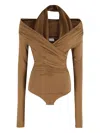 The Andamane Yvonne Draped Long-sleeve Bodysuit In Brown