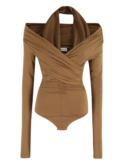 The Andamane Yvonne Draped Long-sleeve Bodysuit In Brown