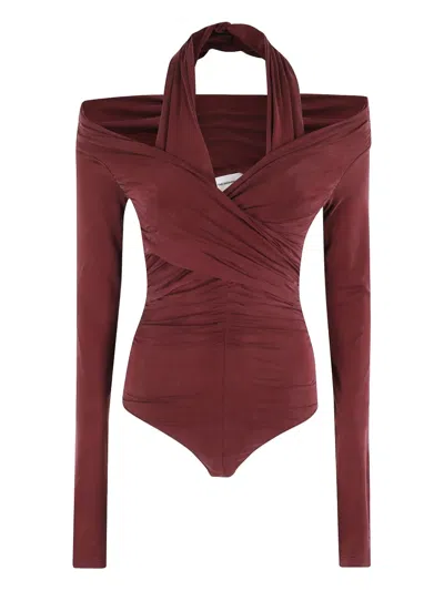 The Andamane Yvonne Draped Long-sleeve Bodysuit In Burgundy