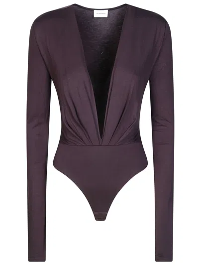 The Andamane Zelda Deep V-neck Draped Bodysuit In Brown