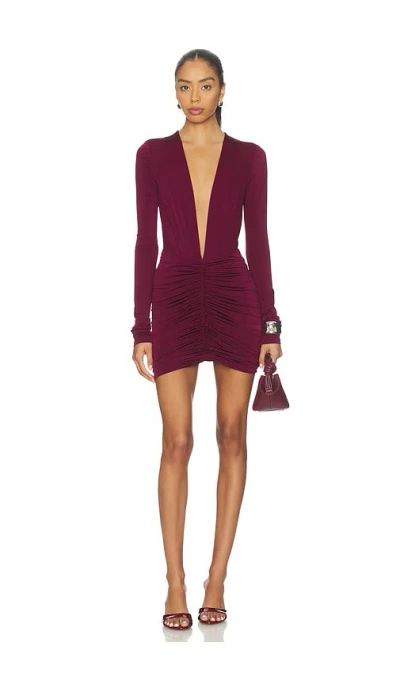 The Andamane Zelda Mini Deep Vneck Mini Dress In Burgundy