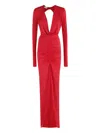 The Andamane Draped Long Red Maxi Dress With V-neckline And Front Slit In Red