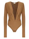 The Andamane Zelda Plunging-neckline Long-sleeve Bodysuit In Brown