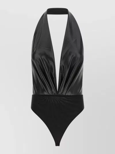 The Andamane Zendaya Bodysuit Halter Neck Plunge Ruched In Black
