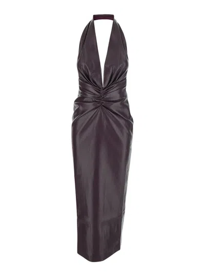 THE ANDAMANE BORDEAUX LONG DRESS WITH V-NECK AND DRAPE DETAILS IN ECO LEATHER WOMAN
