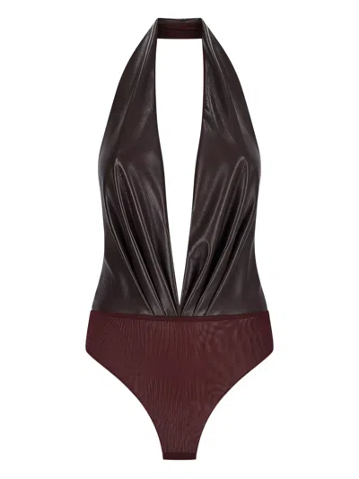 The Andamane Zendaya Halter-neck Draped Bodysuit In Brown