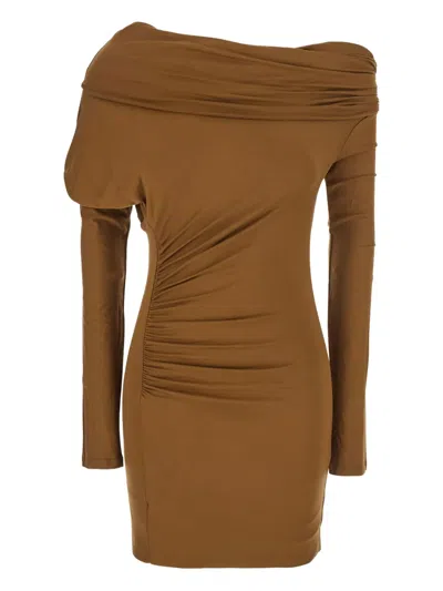 The Andamane Beige Solid Off Shoulder Mini Dress In Brown