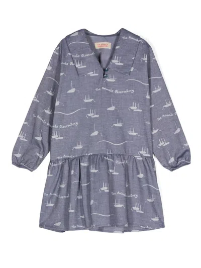 The Animals Observatory Kids' Albatross Boats-print Dress In Blue