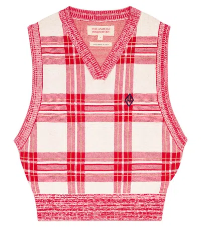 The Animals Observatory Kids' Bat Checked Cotton Sweater Vest In Red Logo