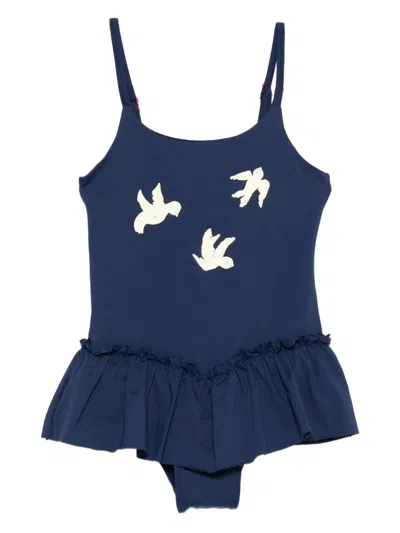 The Animals Observatory Kids' Bird-print Swimsuit In Blue