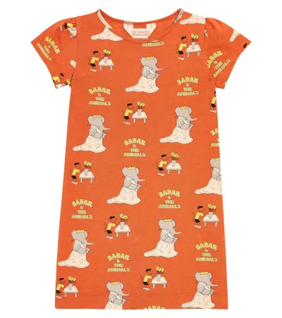 The Animals Observatory Kids' Flamingo Cotton Jersey Dress In Brown