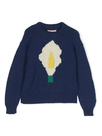 The Animals Observatory Kids' Flower Intarsia-knit Jumper In Blue