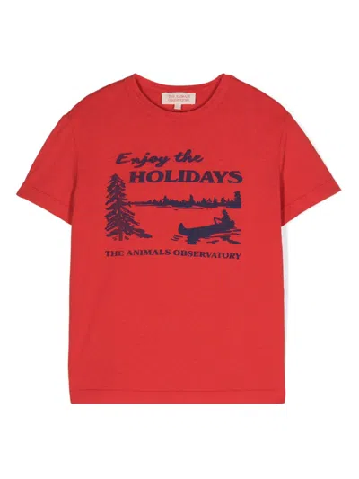 The Animals Observatory Kids' Holidays Rooster-print T-shirt In Red