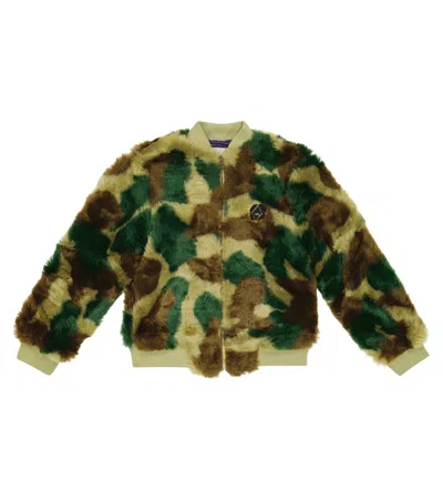 The Animals Observatory Kids' Lion Camouflage Faux Fur Jacket In Green
