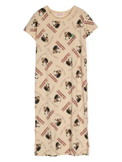 The Animals Observatory Kids' Printed Midi T-shirt Dress In Neutrals