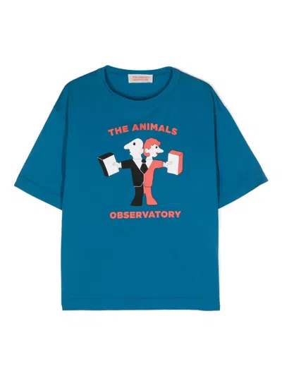 The Animals Observatory Kids' Rooster Cotton T-shirt In Blue