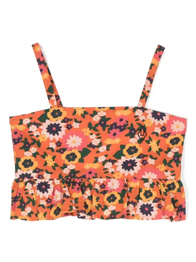 The Animals Observatory Kids' Stork Floral-print Tank Top In 橘色
