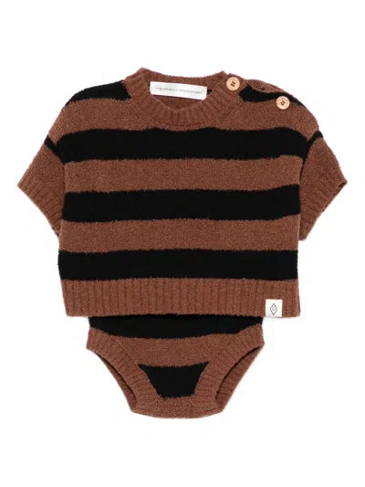 The Animals Observatory Babies' Striped Button Top Set In Brown