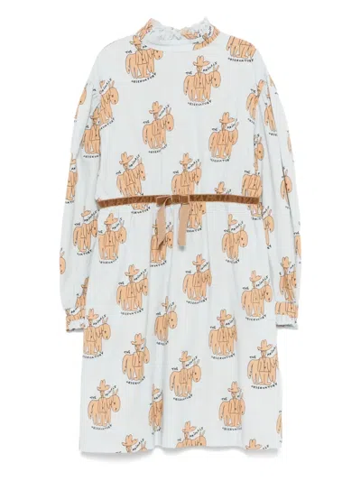 The Animals Observatory Kids' Tortoise Horse-print Ruffle Neck Midi Dress In Multi