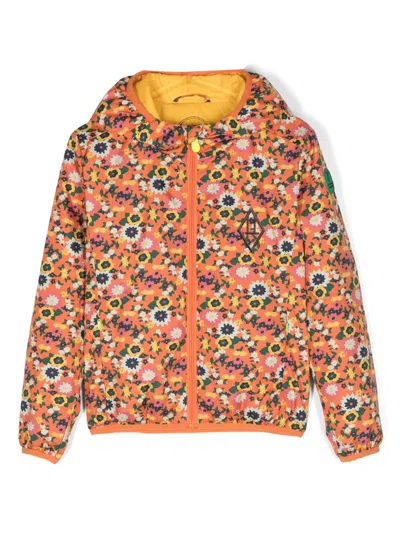 The Animals Observatory Kids' X Save The Duck Floral-print Padded Jacket In Orange