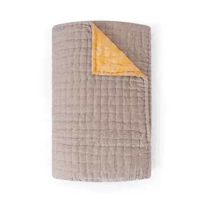 The Annam House Grey / Yellow Velvet Hand Quilt Throw - Cool Grey X Macaroon In Brown