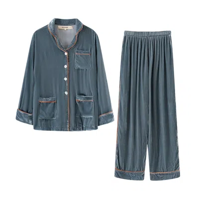 The Annam House Women's Grey / Blue Piped Velvet Pyjama Set - Duck Egg X Coral In Grey/blue