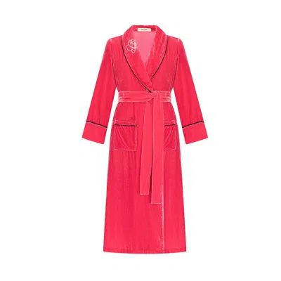 The Annam House Women's Pink / Purple Velvet Piped Long Robe With Belt - Pink & Purple In Pink/purple