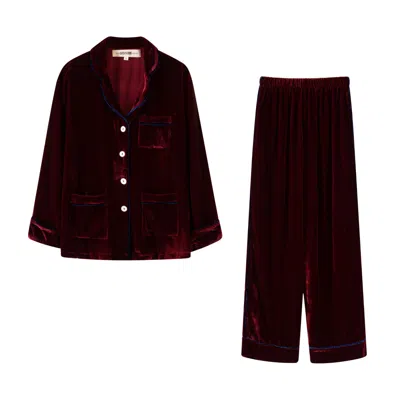 The Annam House Women's Red Piped Velvet Pyjama Set - Rosewood