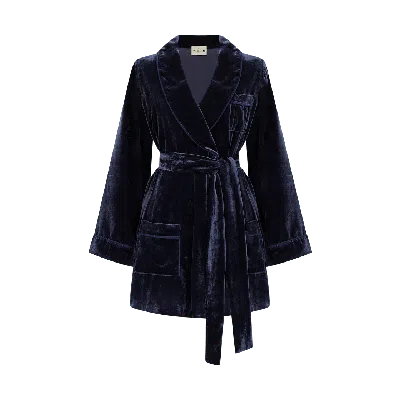 The Annam House Women's Velvet Piped Short Robe With Belt - Midnight Blue