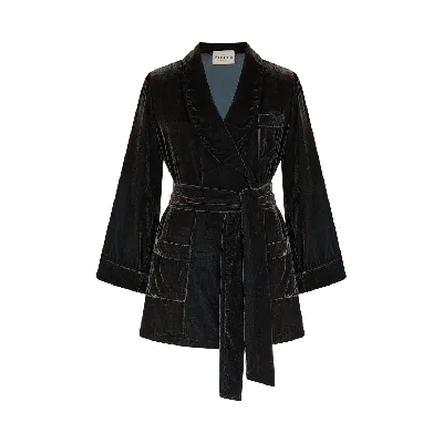 The Annam House Women's Velvet Piped Short Robe With Belt - Moss Brown