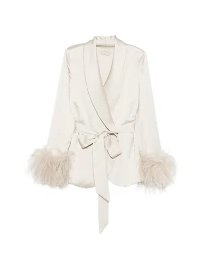 The Archivia Feather-trim Belted Suit In Neutral