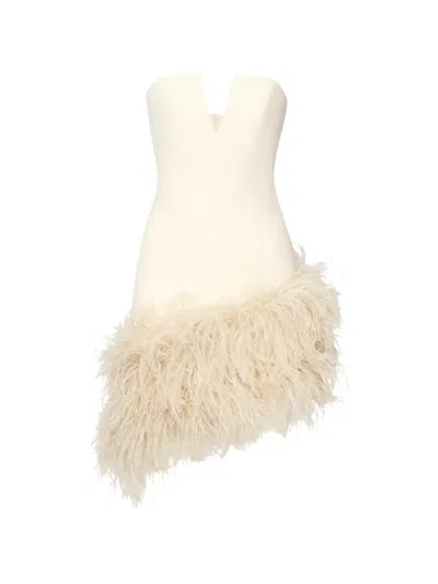 The Archivia Maya Feather-trim Strapless Dress In Neutral