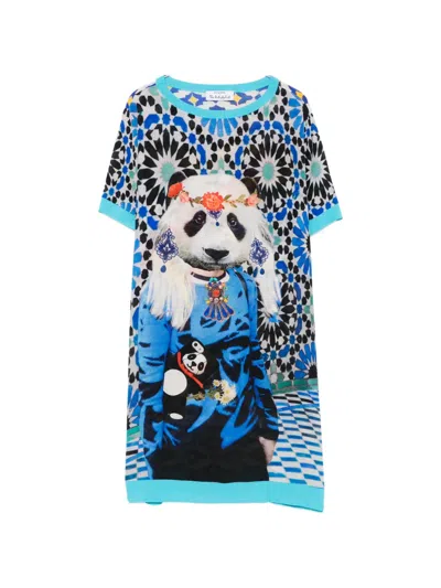 The Artistylist Panda-print Silk Mini Dress In Blue