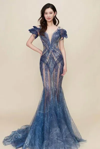 The Atelier Couture Leila Mermaid Gown In Blue