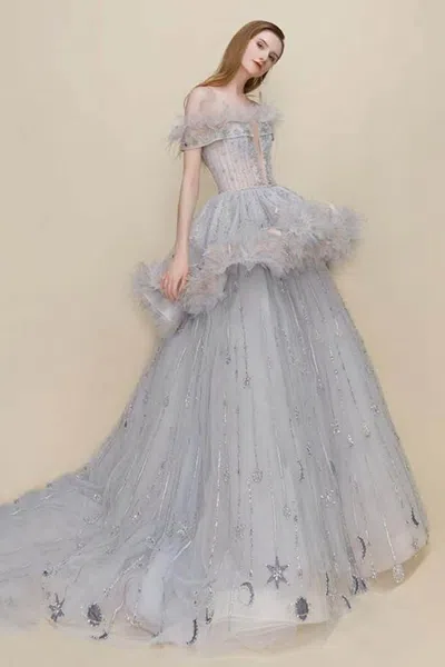 The Atelier Couture Sylvia Peplum Gown In Blue